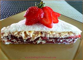 Peanut Butter Sandwich Stacks:Layers of bread, peanut butter mixtures, strawberries and more. The ultimate peanut butter and jelly sandwich. | Recipe developed by www.BakingInATornado.com | #recipe #lunch #sandwich
