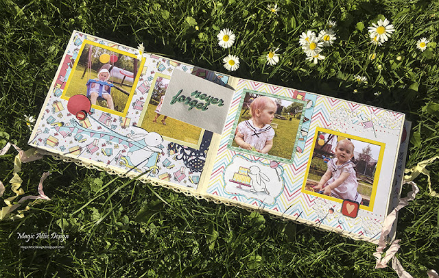 Colourful scrapbook album for children by Maria Lillepruun with Fabrika Decoru design paper "Bunny Birthday Party"
