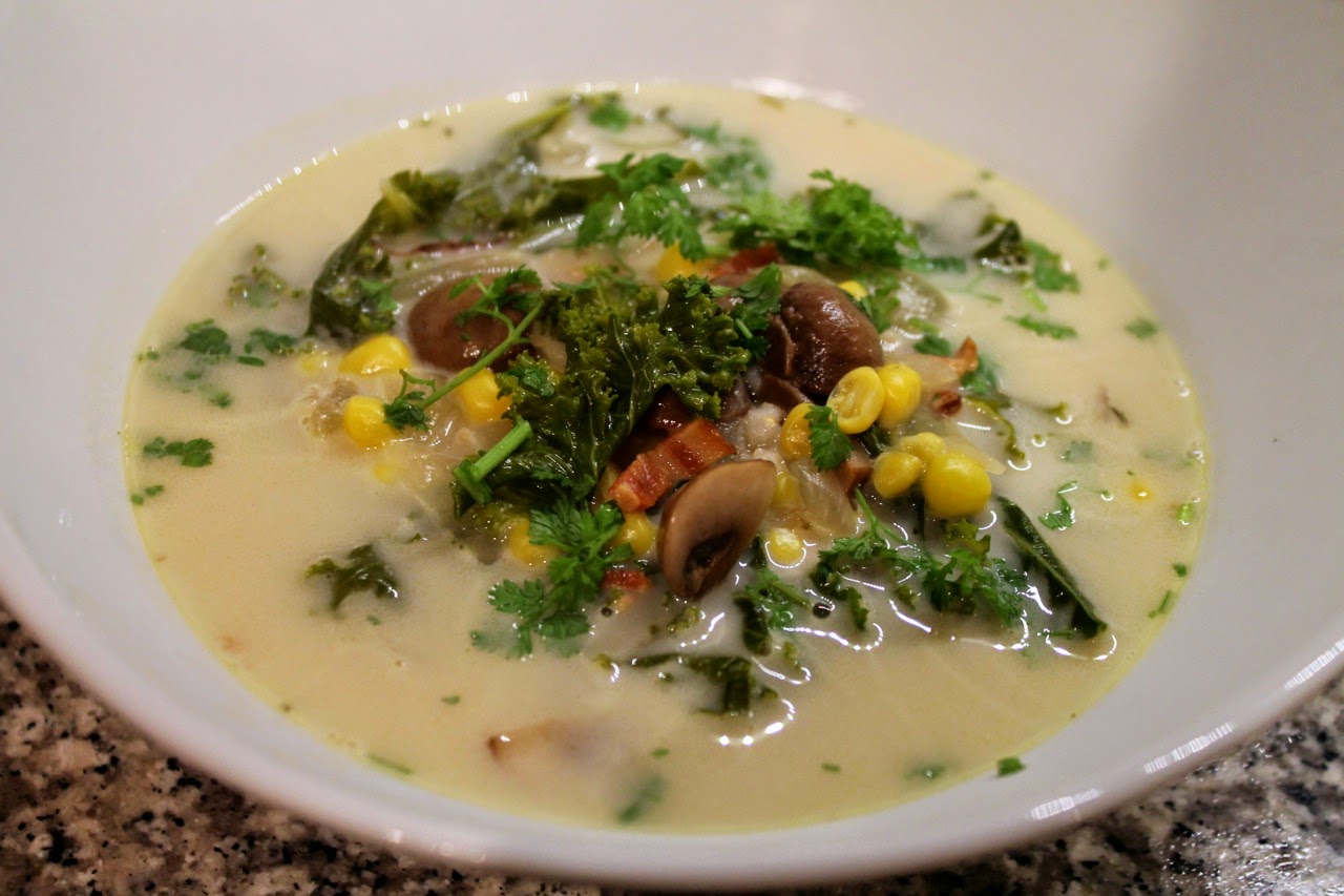 Cook In / Dine Out: Bacon Barley Kale Corn Mushroom Soup