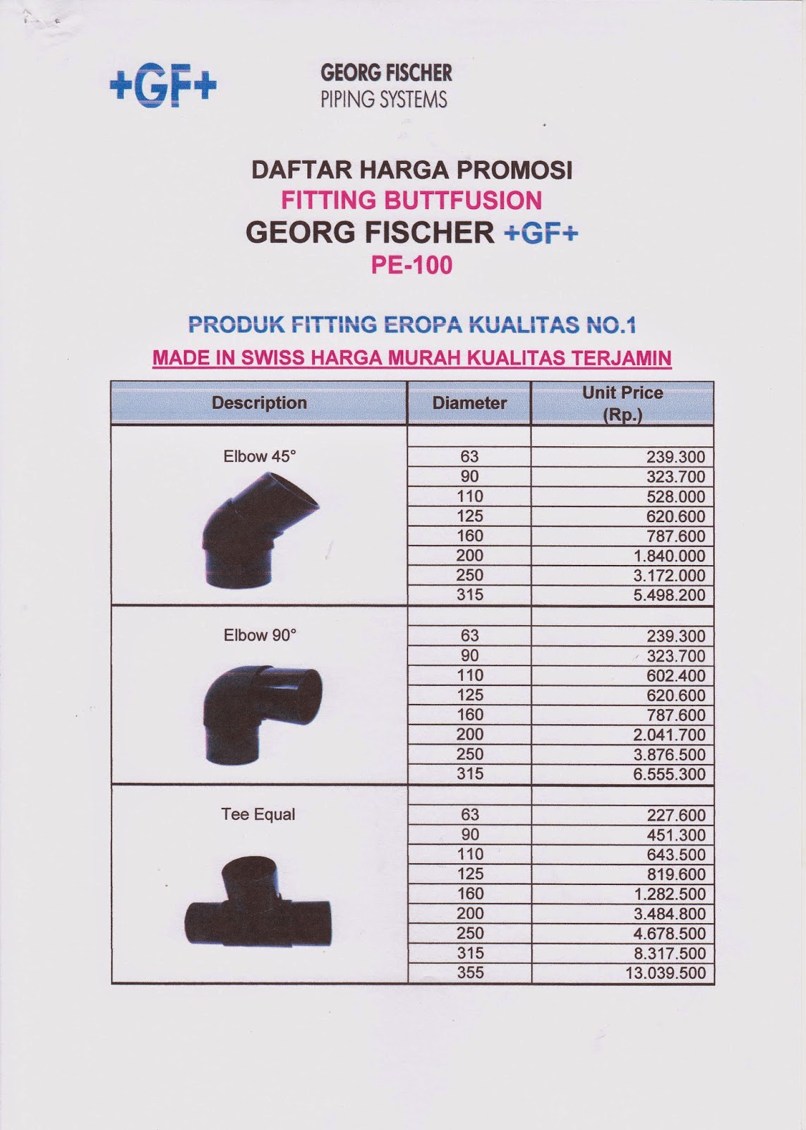 jual pipa HDPE Harga  khusus BUTT FUSION FITTING GEORG FISCHER