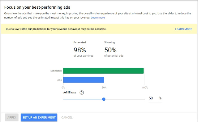 How to Increase Adsense CPC Value How to Increase Adsense CPC Value - One way to maximize your Adsense earnings is to set up AD Balance up to 50% on setting My Ads in Adsense account. AD Balance is a feature provided by Adsense to manage ad serving that appears on the blog. With this AD balance feature, advertisers with low CPC values will not appear on your blog because we've set an AD balance to 50% which means only ads with high CPC values will appear on your blog. Here's how to set Ad balance adsense please login to your adsense account and then enter MY ADS >> CONTENT >> AD BALANCE >> Please change your Ads with 50% and Estimated 100% >> click SET UP AN EXPERIMENT >> APPLY. There are also some advantages if you change the settings of AD Balance to 50% of CTR (Click THrough Rate) increases to 100% from before, and most importantly the value of CPC (Cost per Click) increases in the future. There is also a mention by changing Ad Balance 50% of ads that appear in our blog will be in accordance with the contents of articles and ads that smell of pornography will disappear by itself. There are advantages there must be a shortage of changing AD Balance is Adsense ads will be difficult to appear in newly published articles, and often the occurrence of empty ads that cause no space in our article. To see significant results it takes one month to come by looking at your earnings from Google Adsense every month.