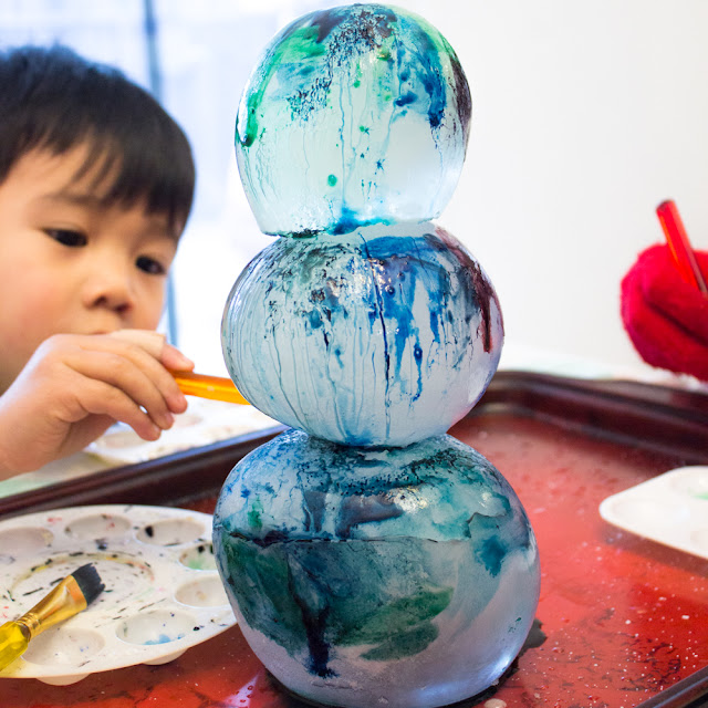 Painting on Ice  Kids Activity- Try making a snowman out of ice and painting it with watercolors