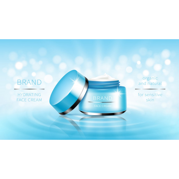 Cosmetic banner blue open jar for skin care cream, ready for promotion brand. Free Vector