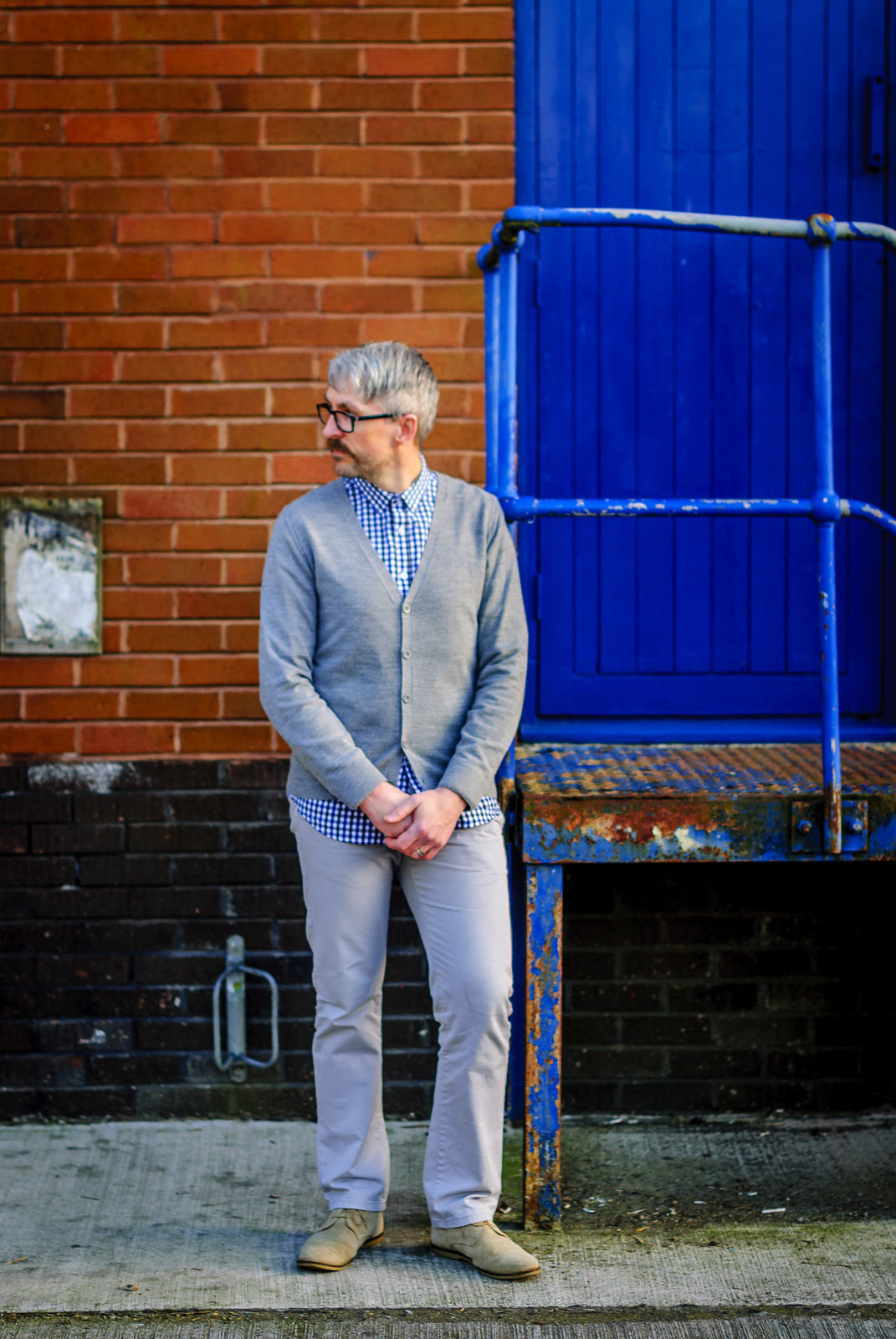 Smart Casual Menswear: Gingham Check Shirt \ Cardigan \ Grey Chinos \ Desert Boots \ Silver Londoner, over 40 style
