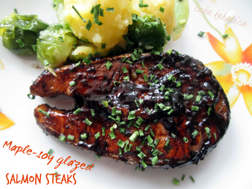 Odrezci lososa sa slatko - slanom glazurom ☆ Maple-soy glazed salmon steaks Maple-soy glazed salmon steaks by Laka kuharica: lovely balance of salty and sweet perfectly complements salmon.