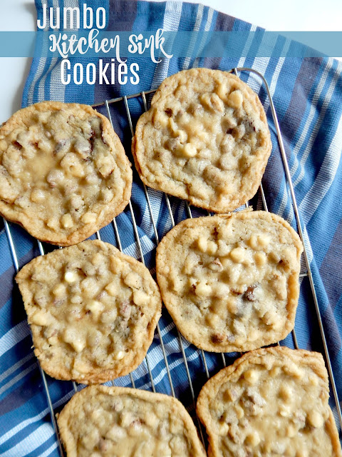 Jumbo Kitchen Sink Cookies...these cookies are huge, sweet, salty and full of chewy, ooey goodness!  Truly everything but the kitchen sink! (sweetandsavoryfood.com)
