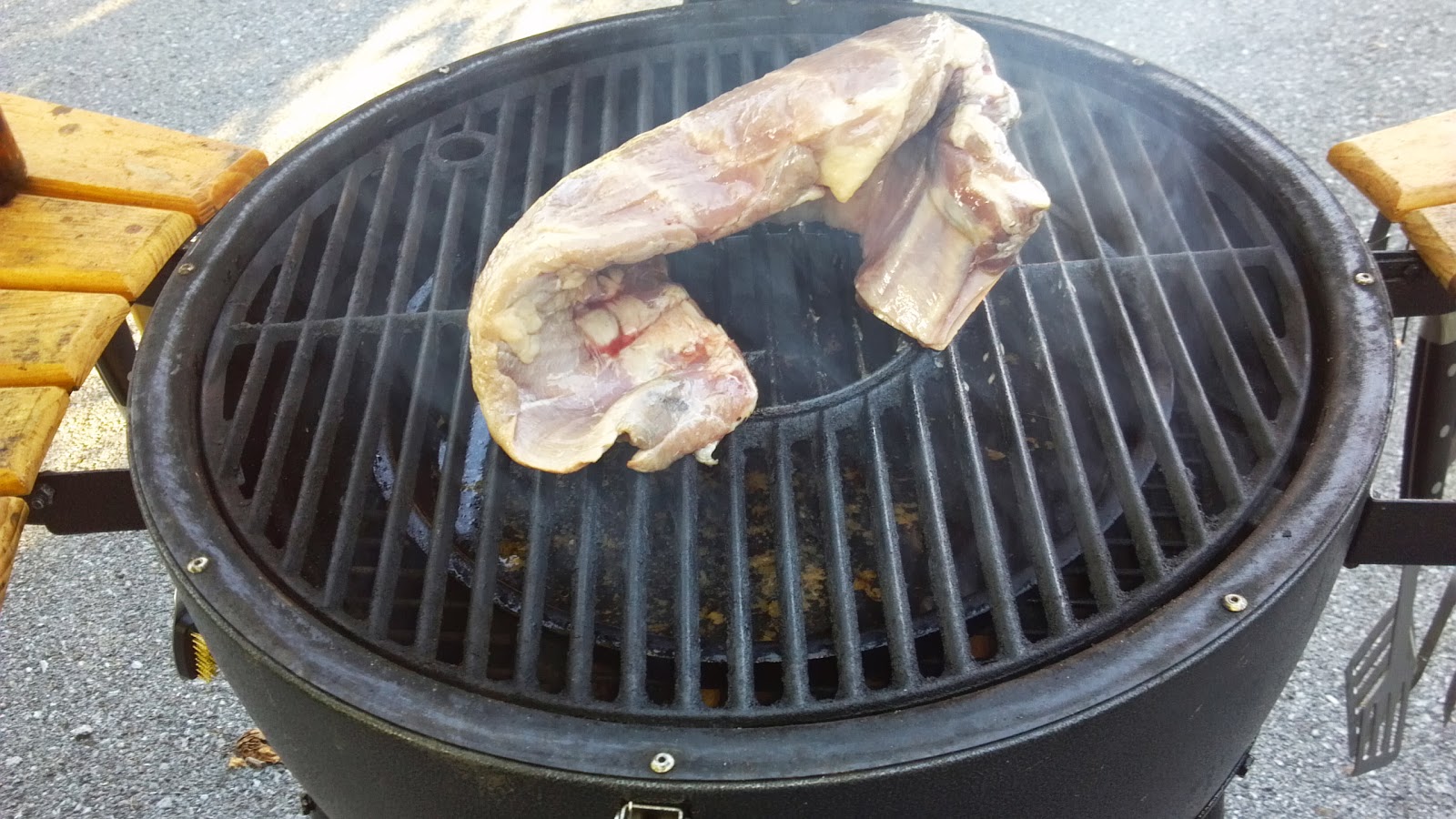 BarBQue "Akorn" steel kamado Pork spare ribs smoked on the Kamado