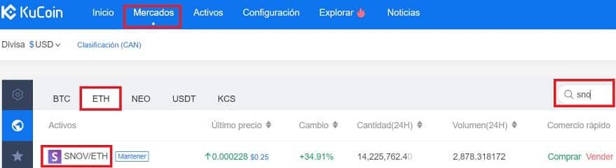 mercado de cambio de KuCoin snovio y ethereum comprar SNOV criptomoneda