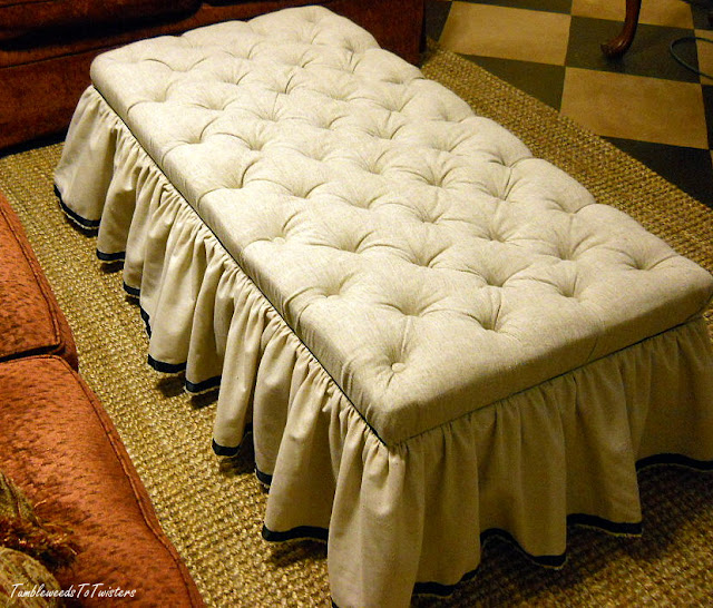 diamond tufted ottoman blanket chest with muslin and grosgrain ribbon trimmed skirt