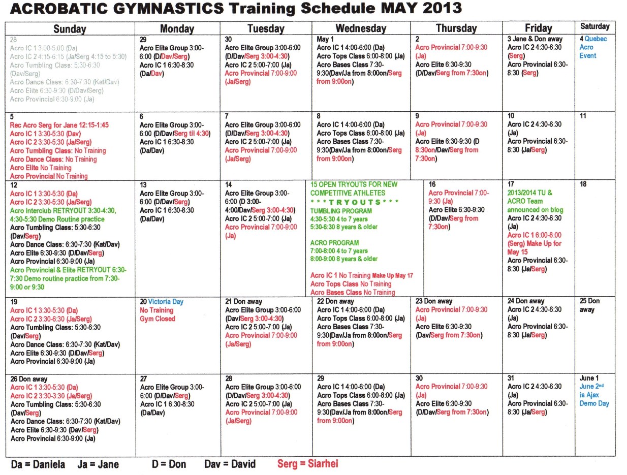 Oakville Gymnastics Club Acrobatic Gymnastics Team May Schedule OGC Acro