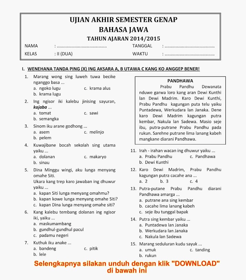 55+ Soal Ujian MADRASAH Bahasa Jawa