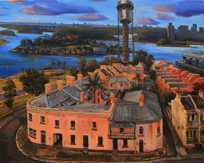 Plein air oil painting of the Harbour Control Tower being demolished from the Hotel Palisade near Barangaroo painted by industrial heritage artist Jane Bennett