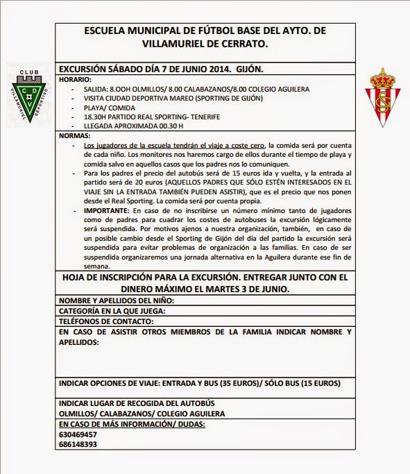 Club Deportivo Villamuriel Nota Informativa Excursión Escuela