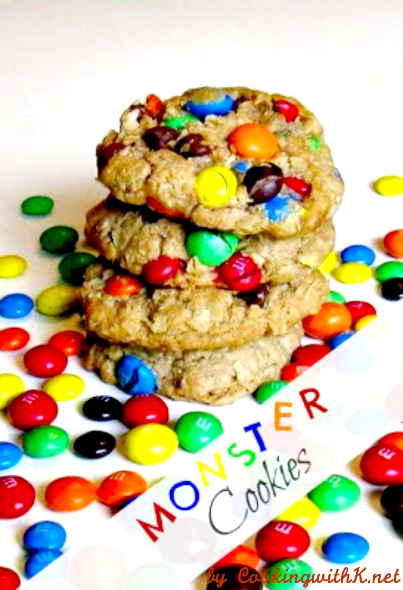 Monster Cookies, chewy peanut butter cookies loaded with peanut butter, sweet chocolate chips, M&M candies, and oats!