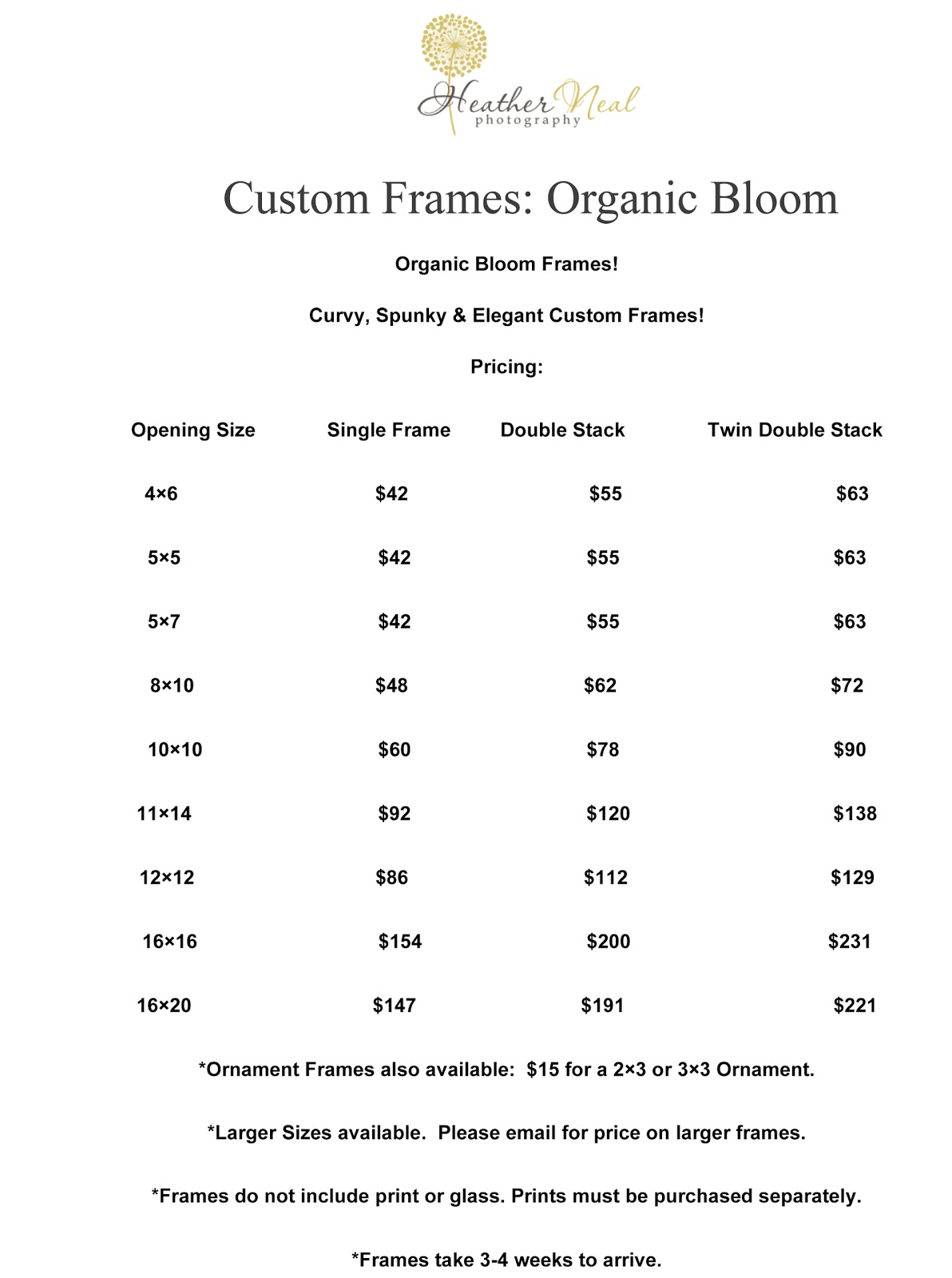 Heather Neal Photography Custom Frame Price list