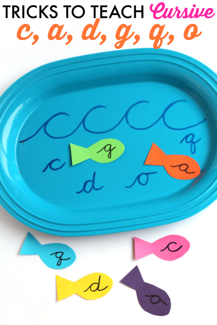 Practice cursive letter formation using Wave Letters to practice handwriting and teach cursive letter c, a, d, g, q, and o with this fun fish handwriting activity. Practice cursive letter formation using Wave Letters to practice handwriting and teach cursive letter c, a, d, g, q, and o with this fun fish handwriting activity.