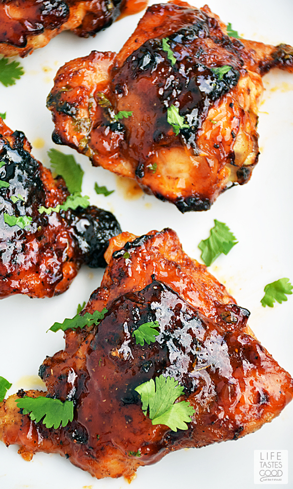 Chili Rubbed Chicken with Apricot Glaze | by Life Tastes Good is rubbed with a spicy mixture of dry seasonings and then basted with a tangy sweet apricot barbecue sauce. It is a quick and easy recipe to make any night of the week, but will impress if you have guests for dinner too! #RHFood #LTGRecipes