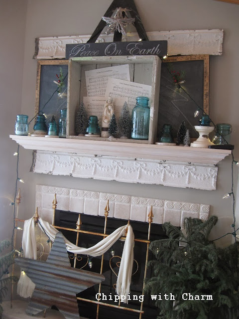 Chipping with Charm: Rustic "Tree" Christmas Mantel...http://www.chippingwithcharm.blogspot.com/