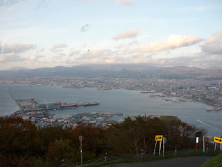 View of ocean surrounding Hakodate from Mount Hakodate with trees and road in foreground taken during the day