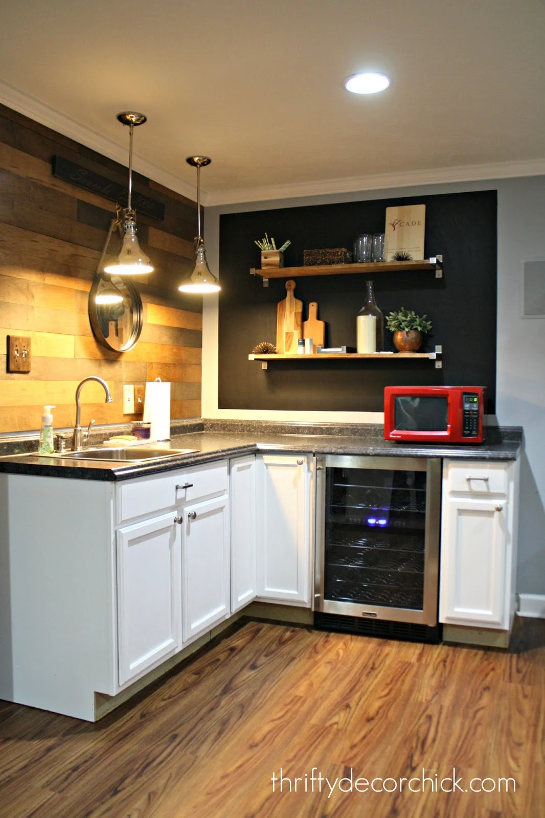 DIY kitchenette in basement wood wall