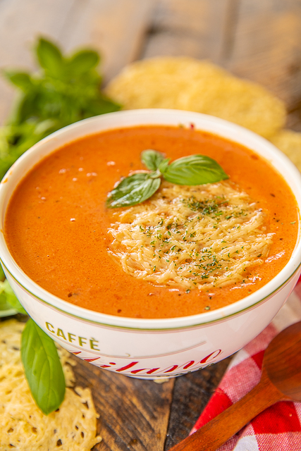 Creamy Tomato Soup - grown up version of my favorite soup as a kid. Shallot, butter, garlic, oregano, red pepper flakes, tomato juice, crushed tomatoes, chicken base, sugar, heavy cream, salt and pepper. We served the soup with some yummy parmesan crisps. Also delicious leftover! #soup #tomatosoup #quick Creamy Tomato Soup - grown up version of my favorite soup as a kid. Shallot, butter, garlic, oregano, red pepper flakes, tomato juice, crushed tomatoes, chicken base, sugar, heavy cream, salt and pepper. We served the soup with some yummy parmesan crisps. Also delicious leftover! #soup #tomatosoup #quick