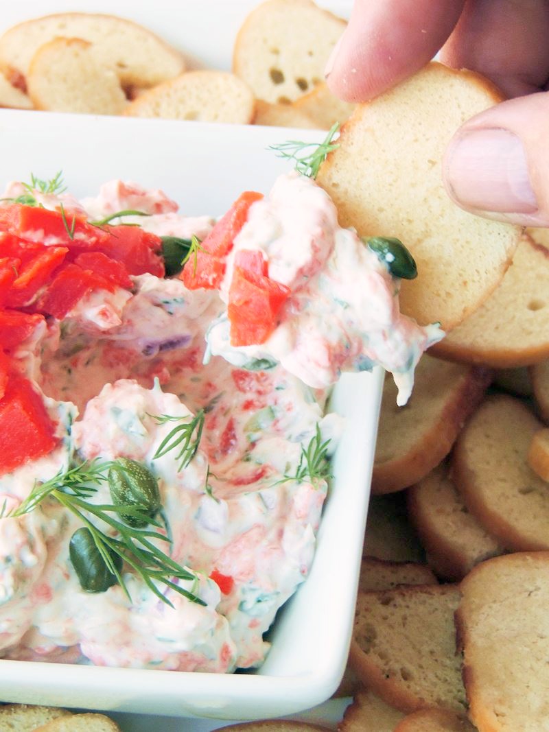 Smoked Salmon Dip (Keto Friendly) | Everything you love about a smoked salmon bagel is all wrapped up neat and tidy in this delicious dip recipe. Use fresh cut bell pepper slices, celery sticks, or even pork rinds, to make this a great Keto friendly appetizer. #appetizer #dip #keto #LCHF #smokedsalmon #salmon #easy #recipe | bobbiskozykitchen.com