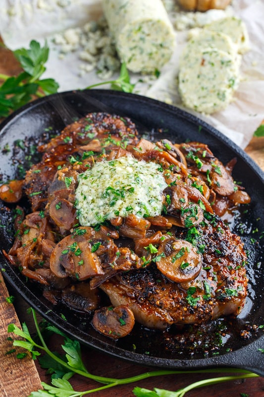 Pan Seared Steaks with Sauteed Mushrooms and Roasted Garlic Gorgonzola Butter Pan Seared Steaks with Sauteed Mushrooms and Roasted Garlic Gorgonzola Butter
