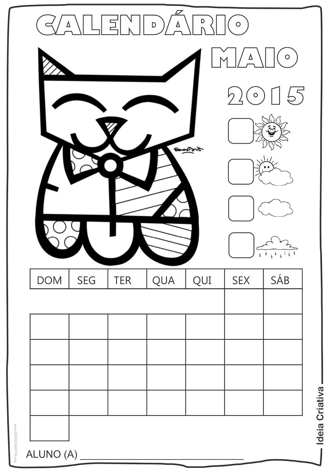  Calendário  Maio 2015 com Desenho Gatinho de Romero Britto para Colorir Sem Numeração