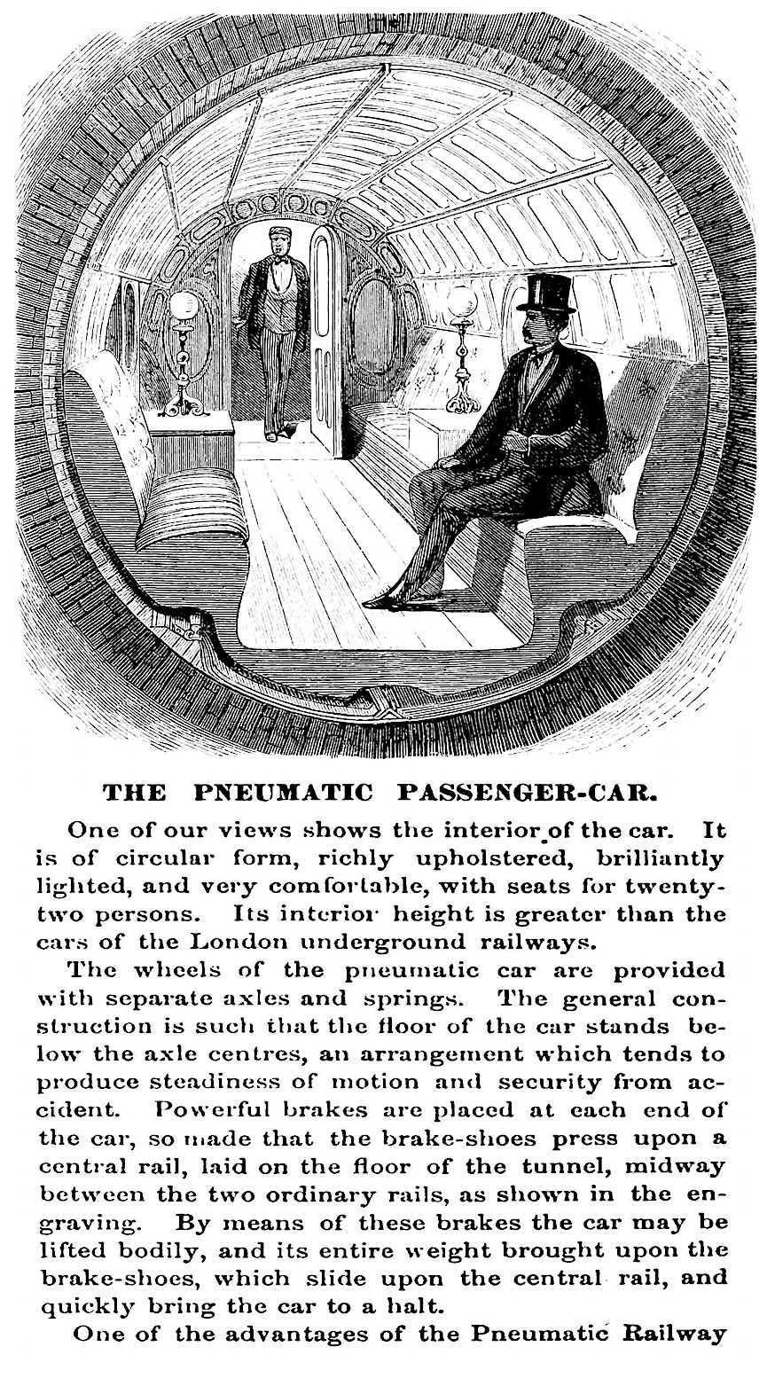 1870 pneumatic passenger car this 1870 pneumatic passenger car existed in New York, illustration with text