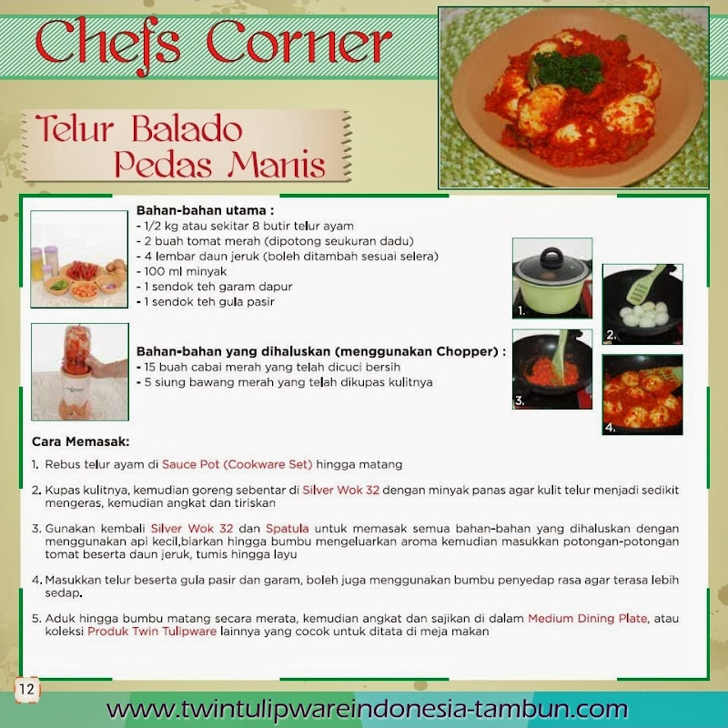 Telur Balado Pedas Manis - Edisi Resep Masakan Twin Tulipware, Cookware Set, Silver Wok 32, Chopper Blender