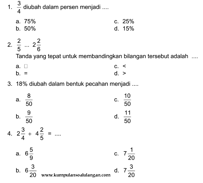 Soal Matematika Kelas 4 Pecahan Desimal Persen
