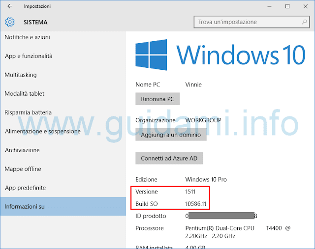 Vedere versione Windows 10 da Impostazioni