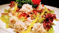 Chicken rice flower with slice onions and Bell pepper Lettuce parsley cherry tomato Food Recipe