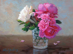 Pink and White Roses in Antique Glass Cup
