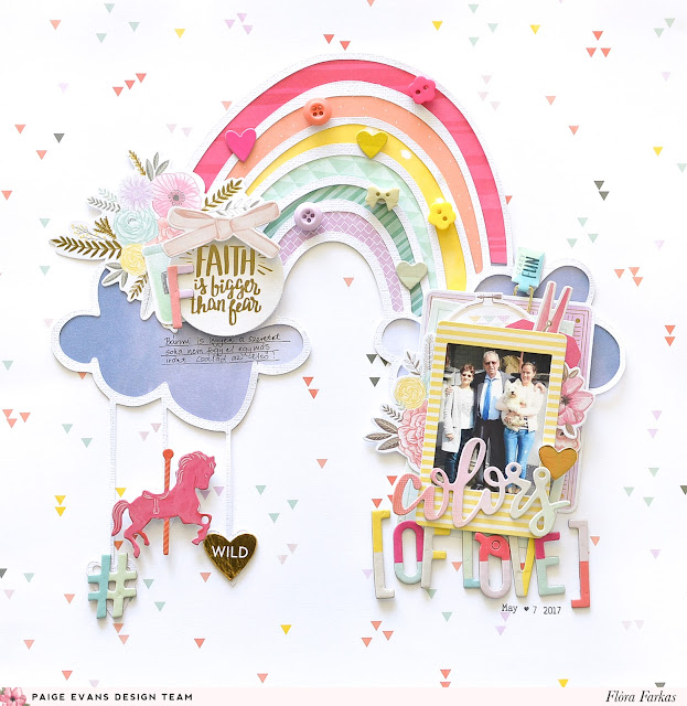 Rainbow scrapbook layout made with Pink Paislee Paige Evans Take Me Away collection | by @floramfarkas