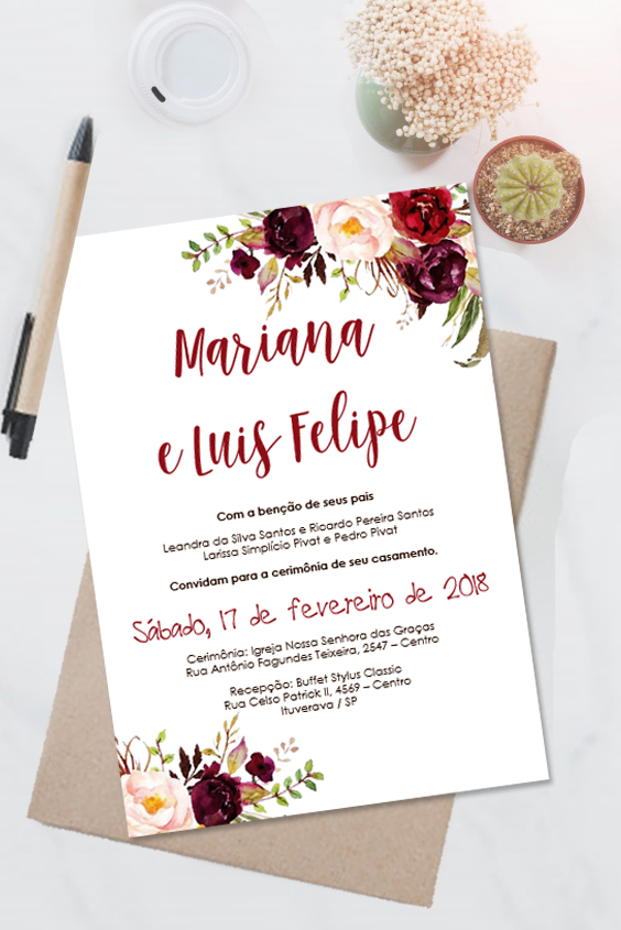 Convite casamento marsala floral editavel no word Convite casamento marsala floral editavel no word
