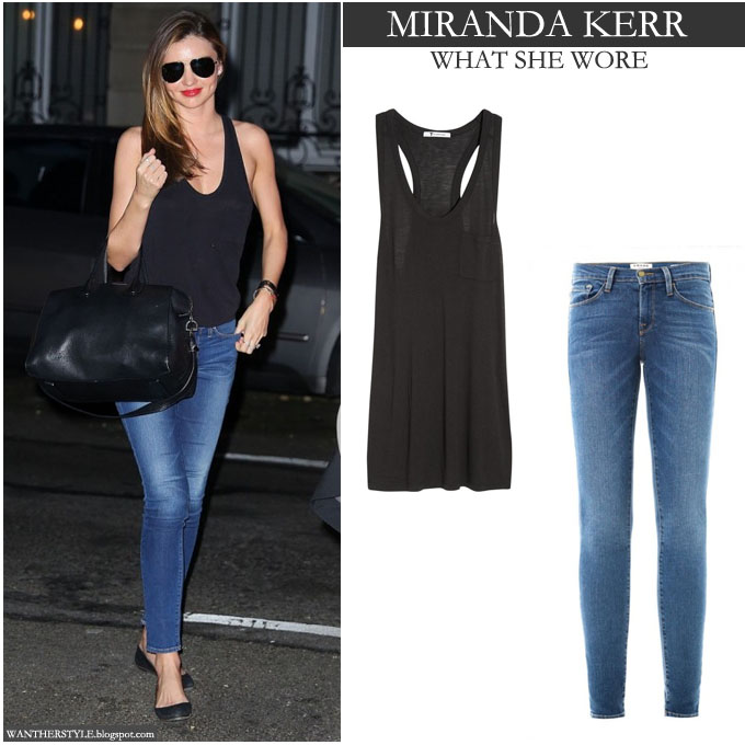 WHAT SHE WORE: Miranda Kerr in black tank top with blue skinny jeans at ...