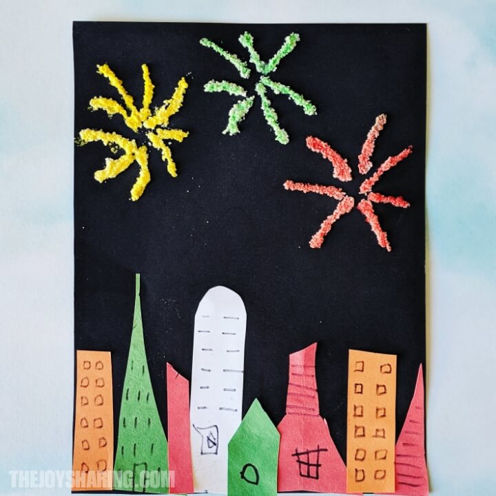 Salt watercolor painting for kids. Easy firework art to celebrate New Year, Independence Day, or Diwali. 