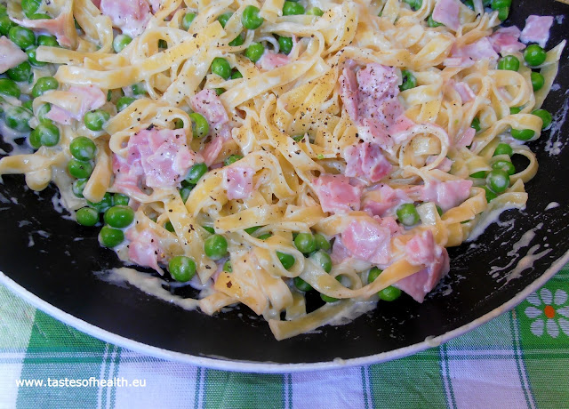 pasta, spaghetti, linguine, mascarpone, ham, green peas, recipe, recipes