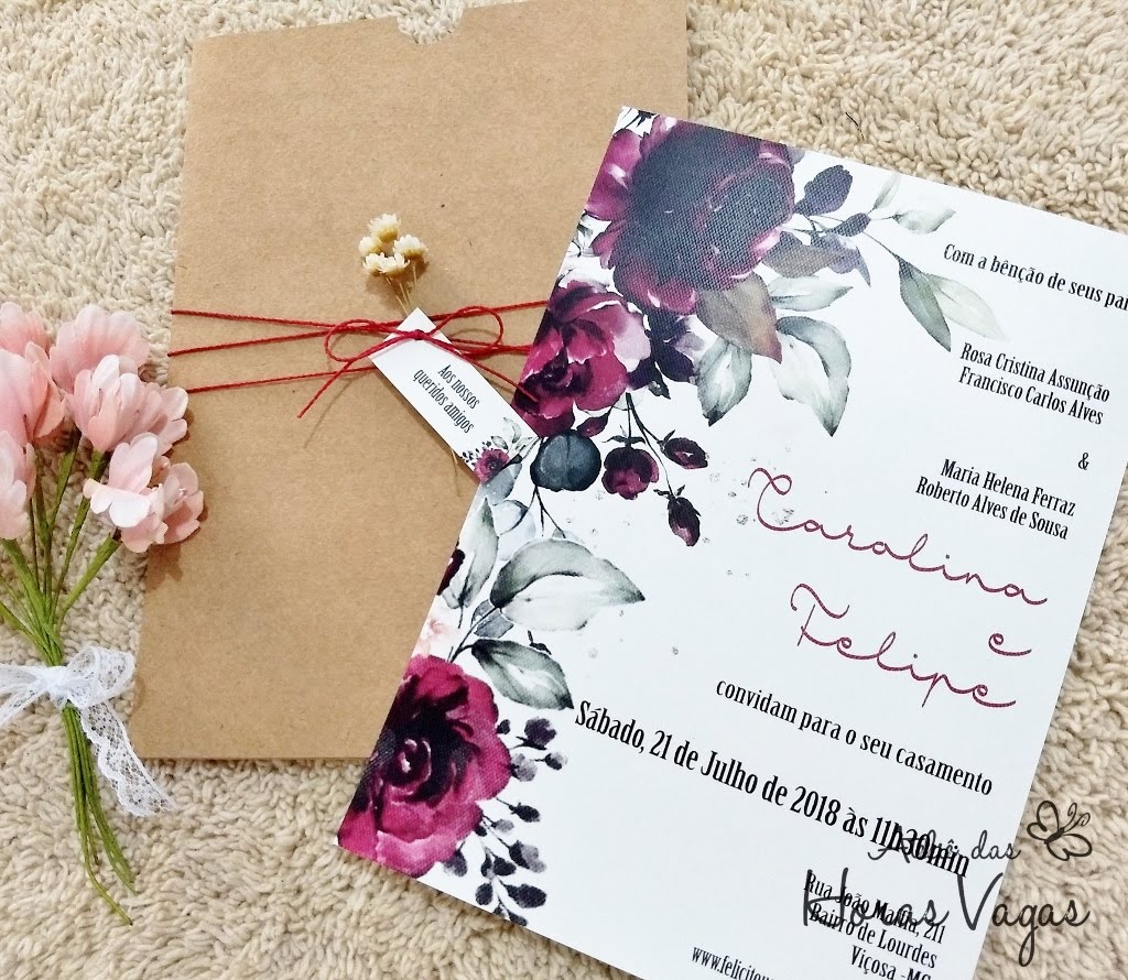 Ateliê das Horas Vagas - Aline Barbosa: Convite de Casamento Rustico Floral  Marsala envelope Kraft
