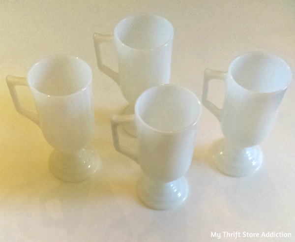 Vintage milk glass mugs perfect for holiday eggnog, Irish coffee or hot cocoa-available at Etsy Thrift Store Addiction! vintage milk glass Irish coffee mugs