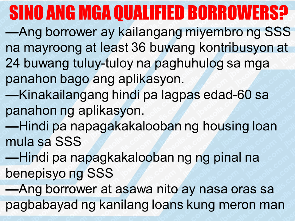 Social Security System (SSS) has a lending program  called Assumption of Mortgage which  allows a member with good standing to assume the updated principal balance of an existing SSS housing loan.  Qualified Borrowers —The borrower must be a member of SSS who has at least 36 months contribution and 24 continuous contributions in a period prior to application —Is not more than 60 years old at the time of application. —He was not previously granted an SSS housing loan —He has not been granted final SSS benefits —Borrower and spouse is current in the payment of their other SSS loan(s), if any. Sponsored Links  How to Apply The member may file the application at the nearest SSS cluster branch or at the Housing and Business Loans Department, 5/F, SSS Bldg., East Avenue, Diliman, Quezon City.  The following documents should be submitted upon filing of application:  —Original copy of Mortgagor's Application for Housing Loan with 1” x 1” ID pictures of Principal Applicant and Spouse;  —Original and photocopy of latest Income Tax Return together with Form W-2 and Confirmation Receipt. (Not applicable for overseas worker);  —SS Form E-1 (and E-4, if any). If self-employed, SS Form RS-1; Employer Membership Certificate and Business License;  —Certification of Employment, Compensation and SSS Premium Contributions duly signed by the employer's SSS authorized signatory. If overseas Filipino worker (OFW), Certification and Contract of Employment (duly authenticated by the Philippine Consulate);  —Deed of Sale with Assumption of Mortgage and latest Statement of Account from Investment Accounting Department (IAD), 9th floor;  —If existing housing loan with the SSS is a Joint Applicant, written conformity of the other Joint Applicant; and  —Affidavit of undertaking to continue paying monthly SSS Premium Contributions for the duration of loan for Voluntary and Self-employed members only.  Note: — Present original and submit one (1) photocopy of required documents for authentication purposes   — Applicant and spouse must be up-to-date in the payment of all existing loan accounts with SSS subject to verification by the SSS   — SSS reserves the right to require additional documents if deemed necessary — Application Fee – ½ of 1% of loan amount or P500.00, whichever is higher but not to exceed P3,000.00, to be paid prior to journalization of the account.   Loanable Amount The maximum loanable amount is P2,000,000 but should not exceed the updated loan balance of the account assumed.  Appraised value of collateral of at least 70% but not to exceed 90%;  Borrower's capacity to pay; and Actual need of the borrower based on the contract to sell/scope of work and bill of materials evaluated by the SSS.   Interest Rate  Up to P450,000.00 - 8% p.a. Over P450,000.00 up to P1,000,000.00 - 9% p.a. Over P1,000,000.00 up to P1,500,000.00 - 10% p.a. Over P1,500,000.00 up to P2,000,000.00 - 11% p.a.    Term of the Loan The amortization period shall be in multiples of five (5), but shall in no case exceed: The remaining term of the old mortgage; The economic life of the house; and The difference between the age of the applicant and 65.  Allowable Collateral/s The collateral shall be the house and lot which is the subject of the mortgage to be assumed.  Insurance The housing loan account should be covered by a Mortgage Redemption Insurance and Fire Insurance.  The insurance premiums shall be shouldered by the borrower.    Loan Release The amount assumed is transferred to the mortgagor. A new account number will be assigned to be used in paying the monthly amortization of the loan.   Manner of Payments The regular monthly amortization payment shall start within the first ten (10) days of the succeeding month after the account has been journalized. Prior to journalization, the applicant shall continue paying the monthly amortization for the account of the original mortgagor.  Default in Payment of Amortization Any unpaid loan amortization shall bear a penalty of 1.5% for every month of delay. If the mortgagor fails to pay at least six (6) monthly amortizations, the SSS may immediately foreclose the mortgaged property.  For more information contact the SSS Housing and Business Loans Department in Quezon City with telephone number 920-64-01 local 5121 to 5127 or at member_relations@sss.gov.ph or to the SSS office nearest you.  Advertisements  Read More:   Things You Need to Know About Senior Citizen's Benefits   Body Of Household Worker Found Inside A Freezer In Kuwait; Confirmed Filipina  Senate Approves Bill For Free OFW Handbook    Overseas Filipinos In Qatar Losing Jobs Amid Diplomatic Crisis—DOLE How To Get Philippine International Driving Permit (PIDP)    DFA To Temporarily Suspend One-Day Processing For Authentication Of Documents (Red Ribbon)    SSS Monthly Pension Calculator Based On Monthly Donation    What You Need to Know For A Successful Housing Loan Application    What is Certificate of Good Conduct Which is Required By Employers In the UAE and HOW To Get It?    OWWA Programs And Benefits, Other Concerns Explained By DA Arnel Ignacio And Admin Hans Cacdac     SUBSCRIBE TO OUR YOUTUBE CHANNEL   ©2018 THOUGHTSKOTO  www.jbsolis.com   SEARCH JBSOLIS, TYPE KEYWORDS and TITLE OF ARTICLE at the box below