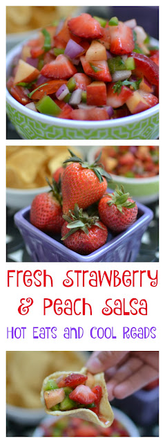 Fresh, fun and delicious! The sweet and savory flavors in this salsa are amazing! It's so perfect for spring and summer and is super easy to make! Fresh Strawberry and Peach Salsa Recipe from Hot Eats and Cool Reads