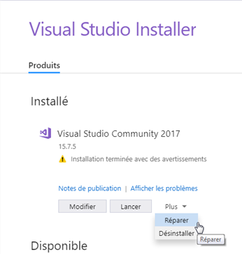Visual Studio Installer - Réparer
