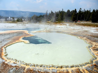 Walking around Geyser Hill in Yellowstone National Park in Wyoming