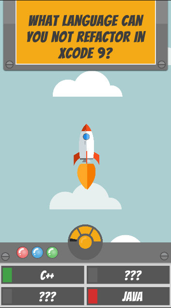 An app screen showing a rocket blasting off with multiple choice questions to help beat the game.