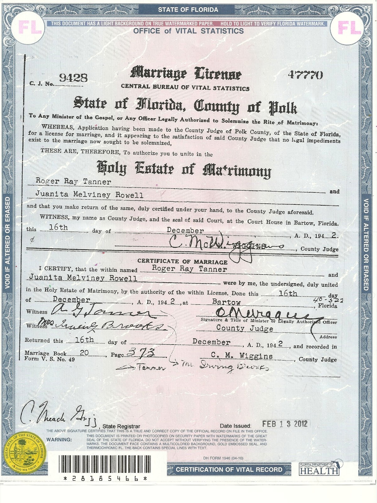 marriage certificate florida