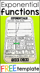 I love math templates! They have made my teaching life so much easier and have saved me a lot of time. This free math template is for graphig exponential functions. Algebra students graph their function then identify the parent function, the y-intercept, the x-intercept, the domain, range, if the  exponential graph shows growth or decay, and the increasing and decreasing intervals. 