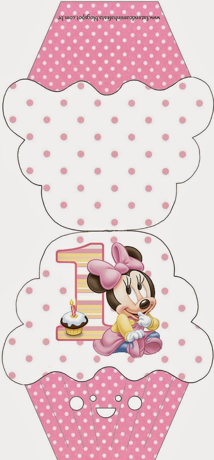 Minnie Primer Año con Lunares: Invitaciones para Imprimir Gratis. Tarjeta con forma de cupcake de Minnie Primer Año con Lunares.