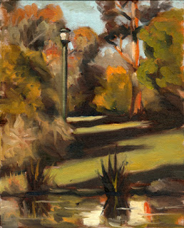 Oil painting of a green lamp-post in amongst Australian native trees and shrubs, with an ornamental pond in the foreground.